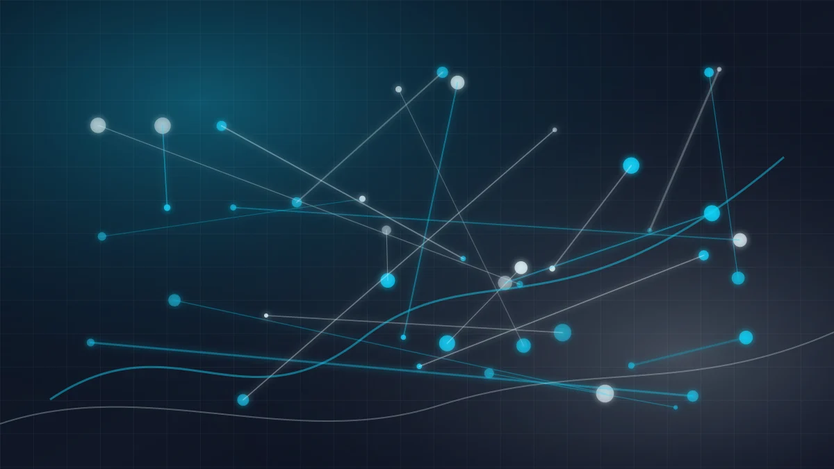 AI generated abstract field of visual model nodes and glowing camera grids